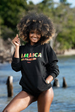 Load image into Gallery viewer, Cooyah Clothing.  Jamaica No Problem women&#39;s hoodie in black.  Screen printed with rasta colors.  Jamaican beachwear fashion.  IRIE
