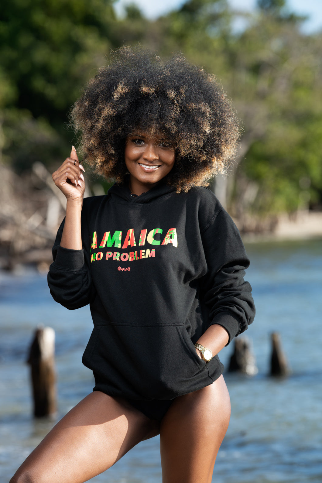 Cooyah Clothing.  Jamaica No Problem women's hoodie in black.  Screen printed with rasta colors.  Jamaican beachwear fashion.  IRIE