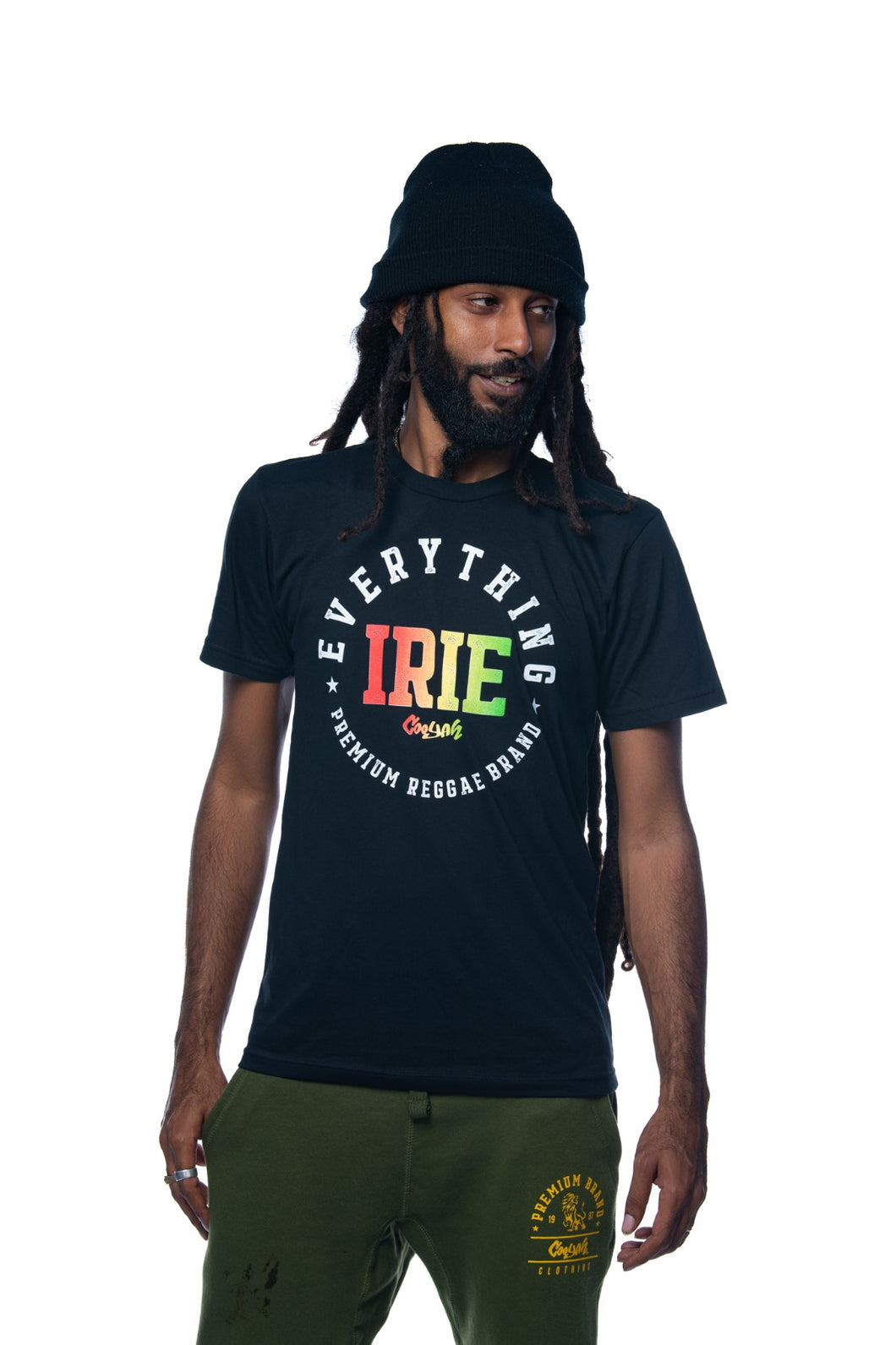 Cooyah Jamaica Everything Irie men's short sleeve graphic tee with reggae colors. Jamaican clothing brand.
