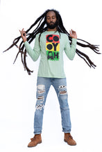 Load image into Gallery viewer, Cooyah Jamaica Graphic Long Sleeve UPF 50+ Sun Shirt in mint green with rasta colors screen print. Jamaican beachwear clothing
