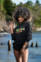 Load image into Gallery viewer, Cooyah Clothing. Jamaica No Problem women&#39;s hoodie in black. Screen printed with reggae colors. Jamaican beachwear fashion. IRIE
