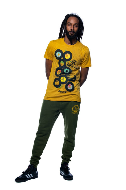 Cooyah Jamaica. Men 's short sleeve graphic tee with 45 RPM Vinyl records screen printed on the front. Vintage reggae and rocksteady style. Mustard Yellow Shirt, short sleeve, ringspun cotton. Jamaican streetwear clothing brand. IRIE