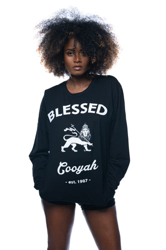 Cooyah Jamaica Blessed long sleeve Women's black Tee Shirt with Rasta Lion of Judah screen print,w Ring Spun, Crew Neck, Street Wear Reggae Style, IRIE