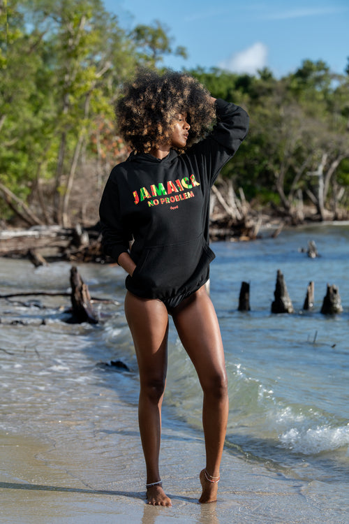 Cooyah Clothing. Jamaica No Problem women's hoodie in black. Screen printed with reggae colors. Jamaican beachwear fashion. IRIE
