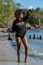 Load image into Gallery viewer,  Cooyah Clothing. Jamaica No Problem women&#39;s hoodie in black. Screen printed with reggae colors. Jamaican beachwear fashion. IRIE
