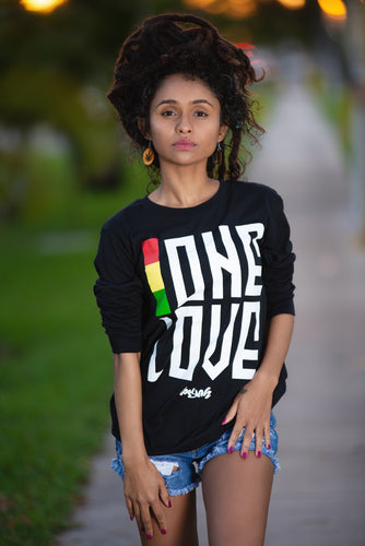 Cooyah Jamaica. Women's long sleeve ONE LOVE Tee Shirt, Ring Spun, Crew Neck, Jamaican streetwear clothing - Reggae Style, IRIE