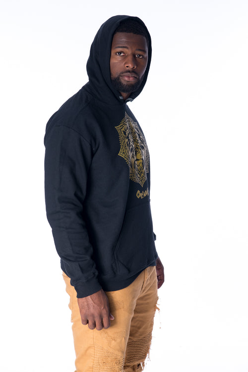 Cooyah Clothing black Lion Mandala hoodie with gold print. As a Jamaican owned clothing brand since 1987, we take pride in bringing you this classic piece.