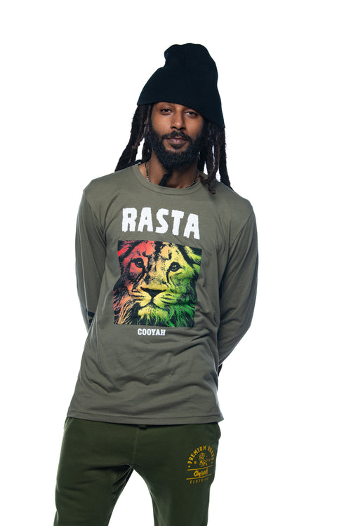 Cooyah Jamaica long sleeve men's Rasta Lion Tee Shirt, Ring Spun, Crew Neck. As a Jamaican owned clothing brand since 1987, we take pride in bringing you this classic reggae shirt.