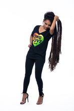 Load image into Gallery viewer, Cooyah Jamaica One Love women&#39;s V-Neck Short sleeve t-shirt screen printed heart in reggae colors. Jamaican beachwear rootswear clothing.
