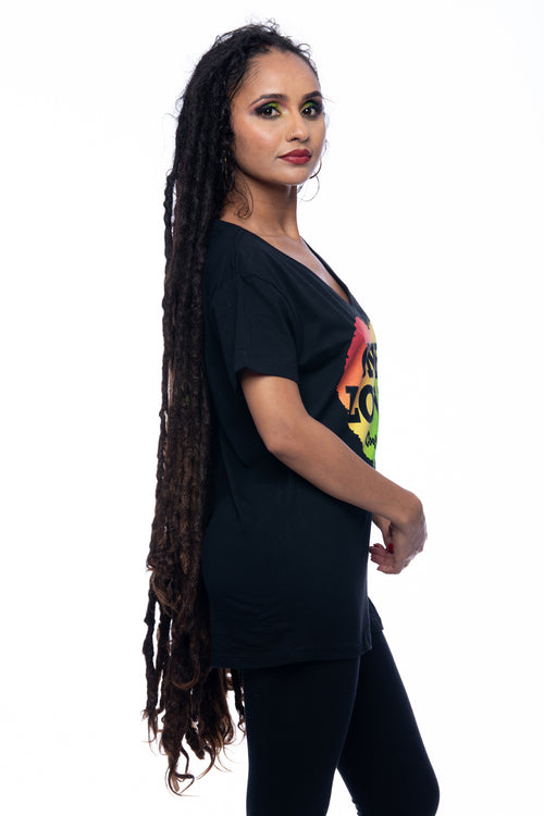 Cooyah Jamaica.  Women's Short sleeve V-Neck graphic tee with Reggae One Love design screen printed on soft, ringsun cotton.  IRIE