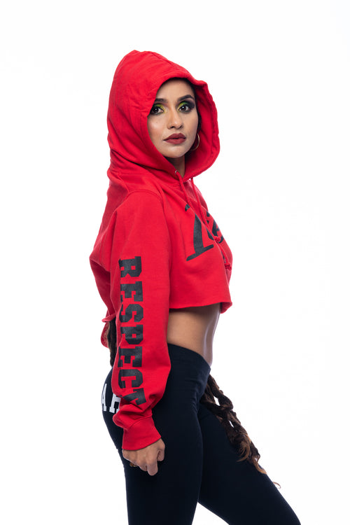 Cooyah Jamaica - Red cropped hoodie with irie graphic. Hand-printed Jamaican streetwear designs on the front, back, and sleeve for added style by Cooyah.