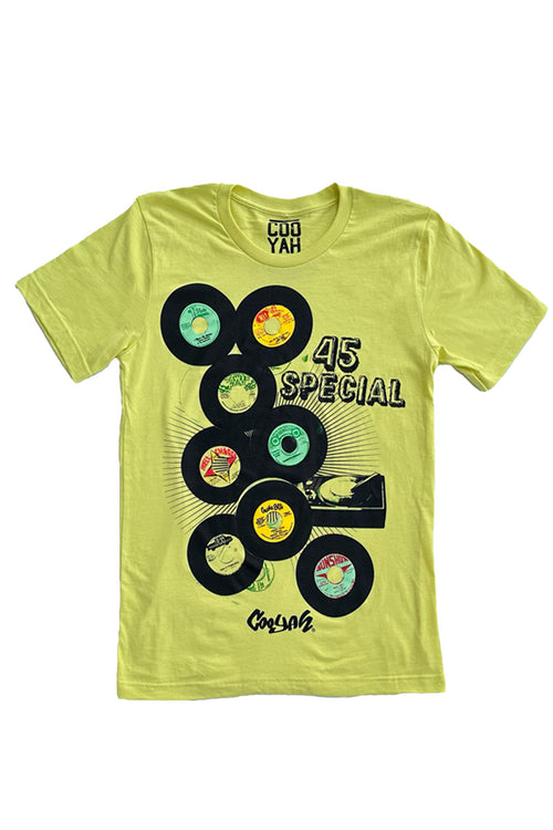 Cooyah Jamaica. Men 's short sleeve graphic tee with 45 RPM Vinyl records screen printed on the front. Vintage reggae and rocksteady style.  Chartreuse green Shirt, short sleeve, ringspun cotton. Jamaican streetwear clothing brand. IRIE