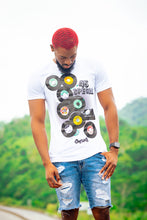 Load image into Gallery viewer, ooyah Jamaica. Men &#39;s short sleeve graphic tee with 45 RPM Vinyl records screen printed on the front. Vintage reggae and rocksteady style. White Shirt, short sleeve, ringspun cotton. Jamaican streetwear clothing brand. IRIE
