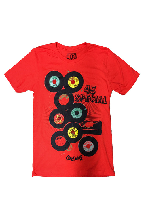 Cooyah Jamaica. Men 's short sleeve graphic tee with 45 RPM Vinyl records screen printed on the front. Vintage reggae and rocksteady style. Red Shirt, short sleeve, ringspun cotton. Jamaican streetwear clothing brand. IRIE