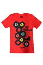 Load image into Gallery viewer, Cooyah Jamaica. Men &#39;s short sleeve graphic tee with 45 RPM Vinyl records screen printed on the front. Vintage reggae and rocksteady style. Red Shirt, short sleeve, ringspun cotton. Jamaican streetwear clothing brand. IRIE
