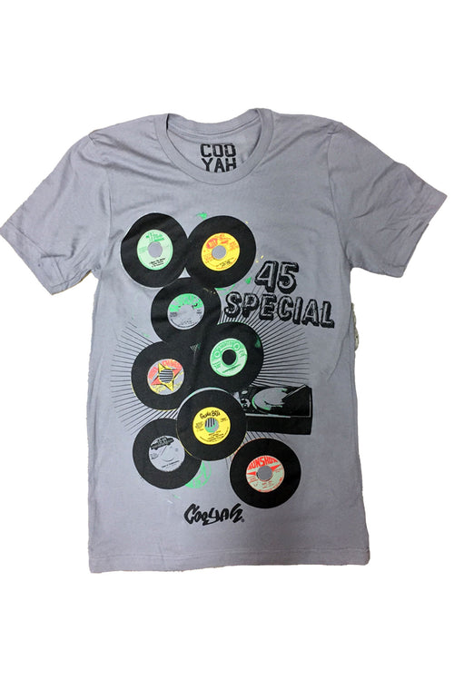 Cooyah Jamaica. Women's short sleeve graphic tee with 45 RPM Vinyl records screen printed on the front. Vintage reggae and rocksteady style. Gray boyfriend-fit Shirt, short sleeve, ringspun cotton. Jamaican streetwear clothing brand. IRIE