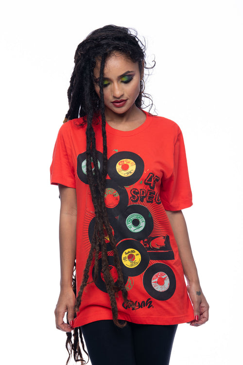 Cooyah Jamaica. Women's short sleeve graphic tee with 45 RPM Vinyl records screen printed on the front. Vintage reggae and rocksteady style. Red boyfriend-fit Shirt, short sleeve, ringspun cotton. Jamaican streetwear clothing brand. IRIE