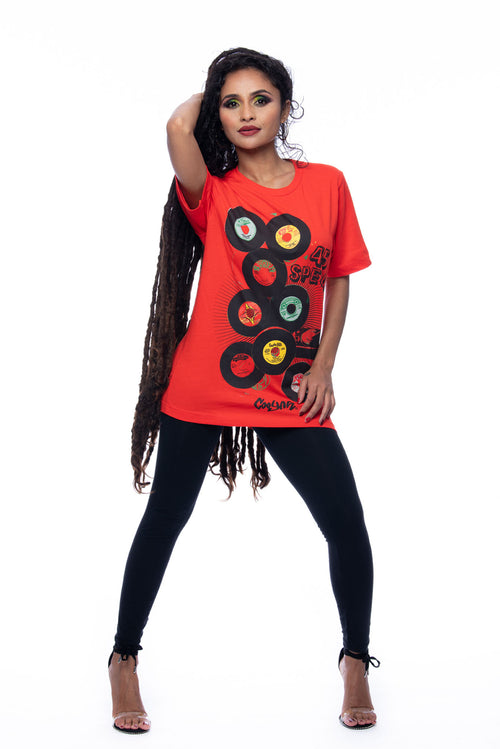 Cooyah Jamaica. Women's short sleeve graphic tee with 45 RPM Vinyl records screen printed on the front. Vintage reggae and rocksteady style. Red boyfriend-fit Shirt, short sleeve, ringspun cotton. Jamaican streetwear clothing brand. IRIE