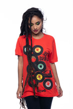 Load image into Gallery viewer, Cooyah Jamaica. Women&#39;s short sleeve graphic tee with 45 RPM Vinyl records screen printed on the front. Vintage reggae and rocksteady style. Red boyfriend-fit Shirt, short sleeve, ringspun cotton. Jamaican streetwear clothing brand. IRIE
