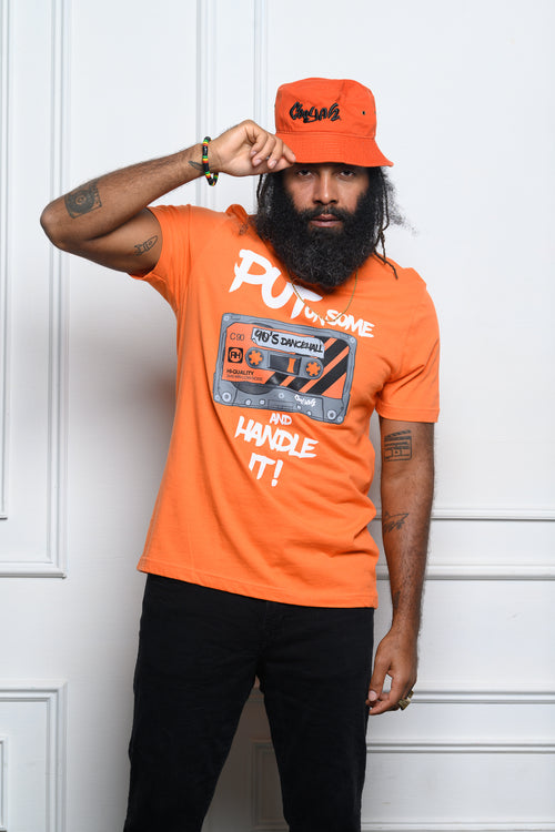 Cooyah Men's 90's Dancehall cassette tape graphic tee in orange.  Screen printed on soft, 100% ringspun cotton.  