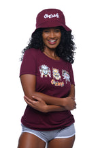 Cooyah Jamiaca. Women's African Tribal Mask Tee in burgundy.