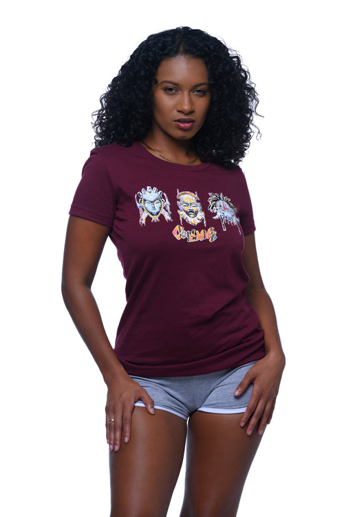 Cooyah Jamaica.  Women's Tribal Mask graphic tee on soft, ringspun cotton fabric.  Burgundy, crew neck, short sleeve African fashion.  