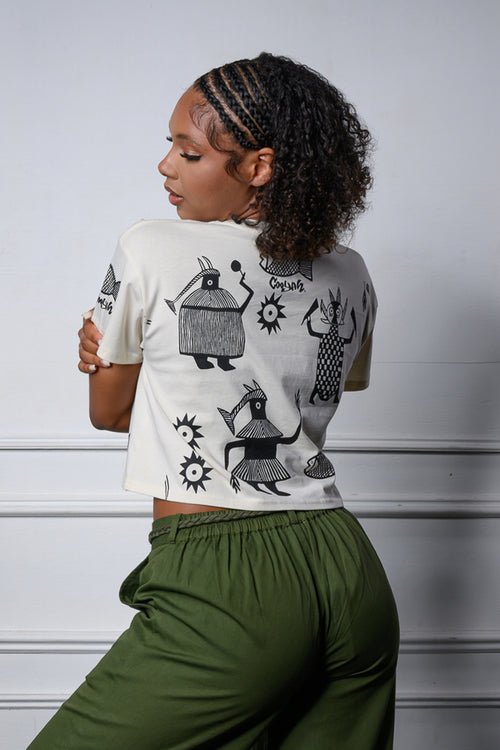 Cooyah Clothing - Women's Boxy Fit crop top with African graphics screen printed on the front, back, and sleeves.