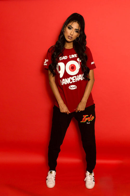 Bad Like 90s Dancehall women's graphic tee in red.  Cooyah, the official reggae clothing brand since 1987. Jamaica