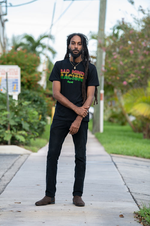 Cooyah Jamaica. Men's reggae graphic tees with Bad Mind Racism graphics screen printed in rasta colors. Jamaican owned clothing brand since 1987. IRIE