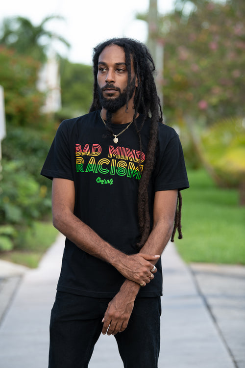 Cooyah Jamaica. Men's reggae graphic tees with Bad Mind Racism graphics screen printed in rasta colors. Jamaican owned clothing brand since 1987. IRIE