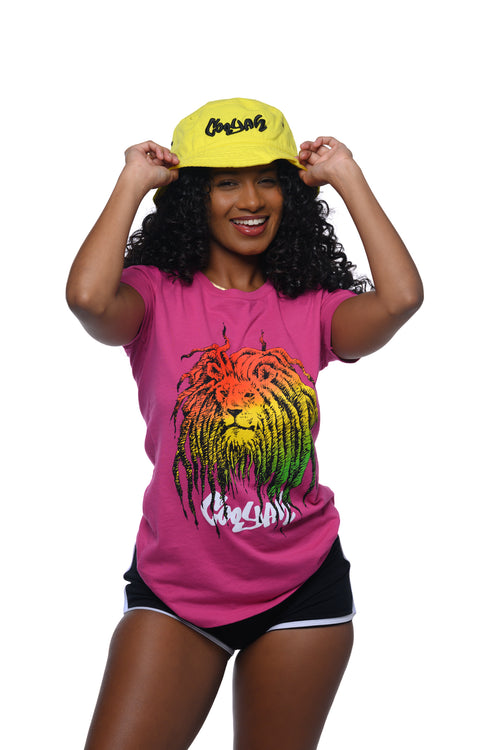 Cooyah Jamaica.  Women's yellow bucket hat with pink graphic tee.  Rasta Lion design.  