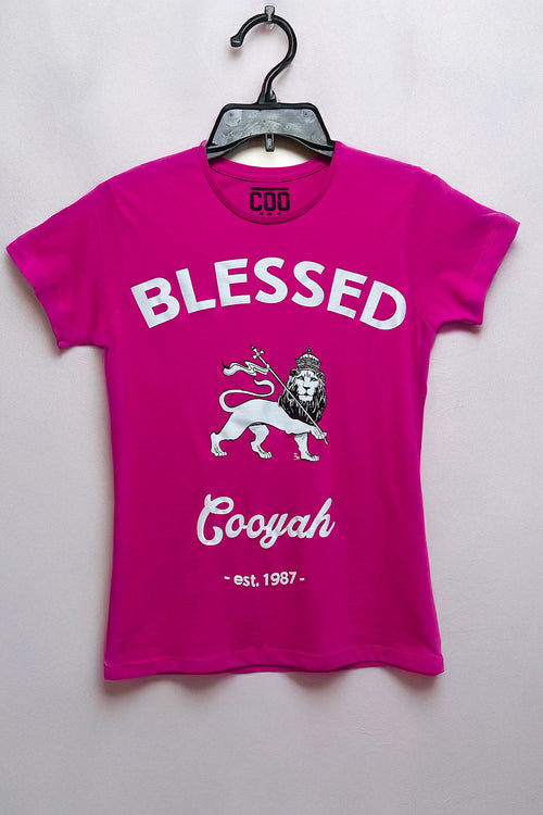 Cooyah - Women's fuchsia pink short sleeve graphic tee with Blessed Lion of Judah graphic on the front.  Rastafari 