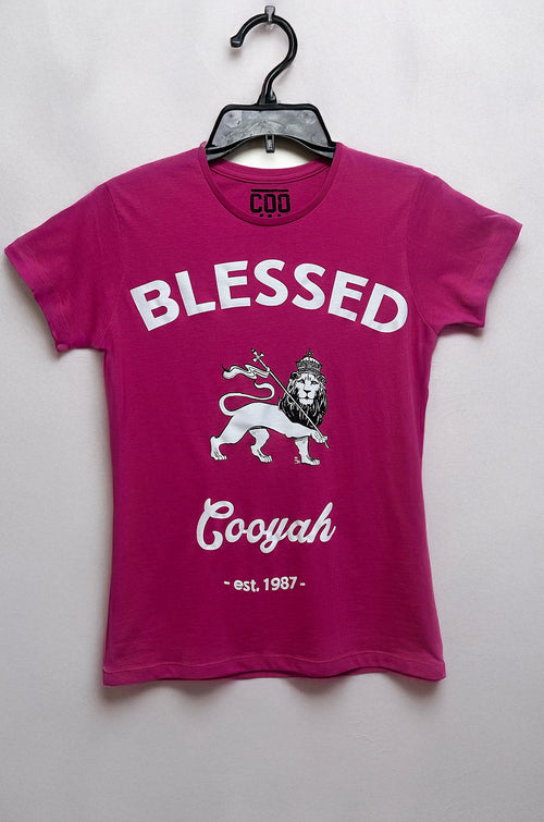 Cooyah - Women's Fuchsia short sleeve graphic tee with Blessed Lion of Judah on the front.  Reggae style shirt.