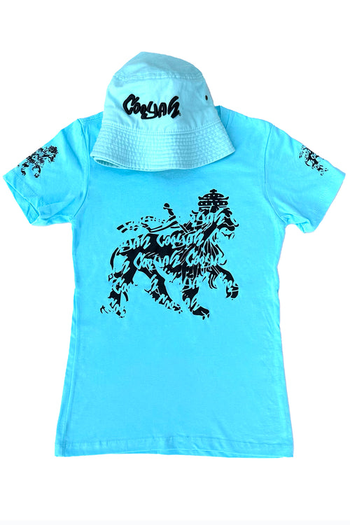 Cooyah Jamaica graphic tee with Rasta Lion. Light blue women's t-shirt with black lion graphics screen printed on the front and sleeves.