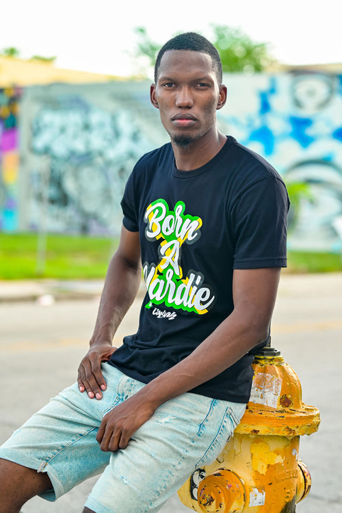 Cooyah Jamaica. Born A Yardie graphic tee. Men's short sleeve, 100% ringpun cotton. Jamaican streetwear clothing brand. 876