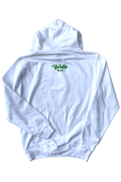 Cooyah Jamaica.  Born A Yardie Unisex Hoodie in white.  Screen printed in Jamaican colors.  Reggae style clothing.