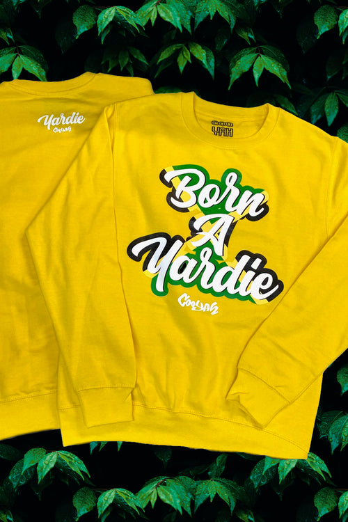 Cooyah men's yellow pullover sweatshirt with Jamaica Born A Yardie graphic.  876 Jamaican clothing brand.