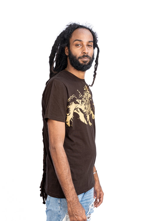  Cooyah Jamaica. Rasta Lion men's graphic tee. Crew neck, short sleeve, ringspun cotton, brown reggae t-shirt. Jamaican clothing brand.