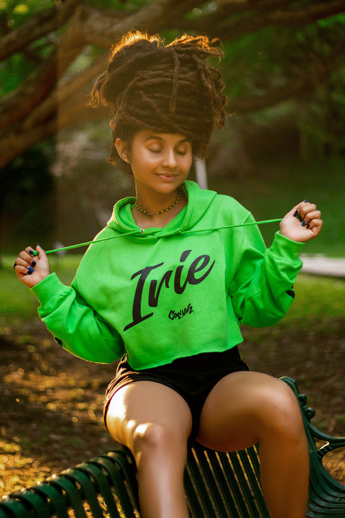 Cooyah - Women's cropped hoodie in lime green with Irie graphic on the front.