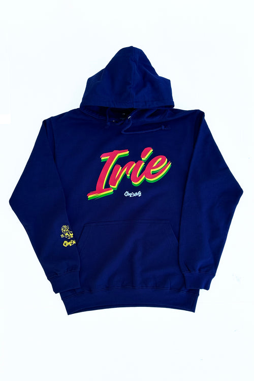 Cooyah Clothing IRIE Rasta Pullover Hoodie in Navy Blue. Reggae Casual Jamaican Street Wear Sweatshirt