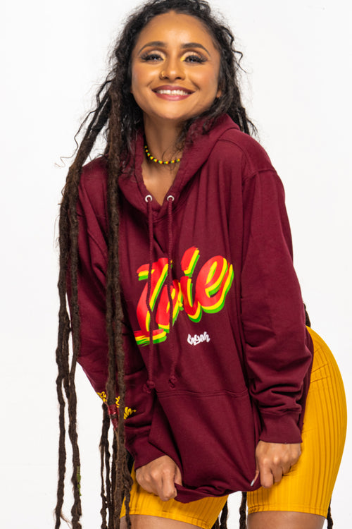 Cooyah Clothing IRIE Rasta Pullover Hoodie in burgundy. Reggae Casual Jamaican Street Wear Sweatshirt