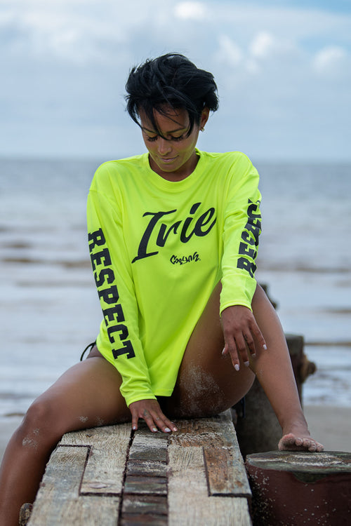 Cooyah Jamaica Irie Yard Long Sleeve UPF 50+ Dri-Fit women's Sun Protection Shirt. Neon yellow. Jamaican beachwear clothing.