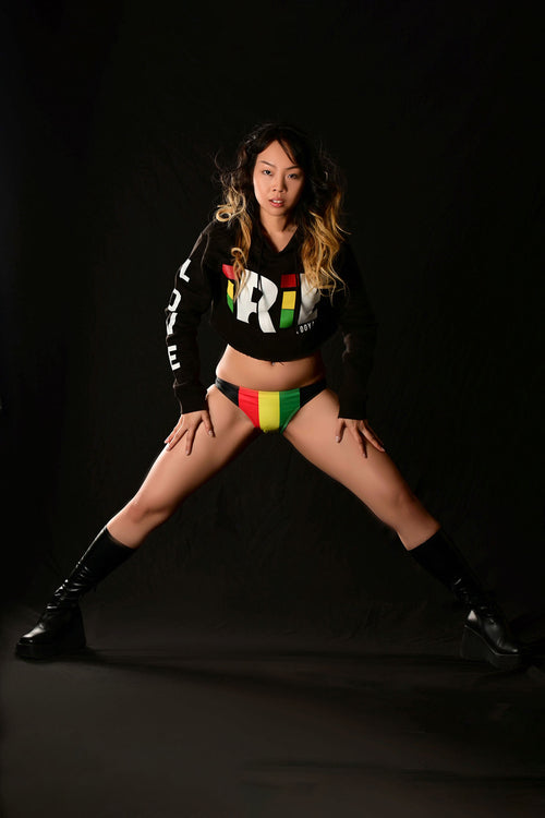 Cooyah Clothing. Irie cropped women's hoodie in black. Rasta colors print. Jamaican lifestyle clothing brand.