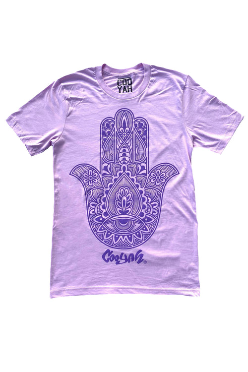 COOYAH JAMAICA.   MEN'S SHORT SLEEVE PURPLE HAMSA GRAPHIC TEE.