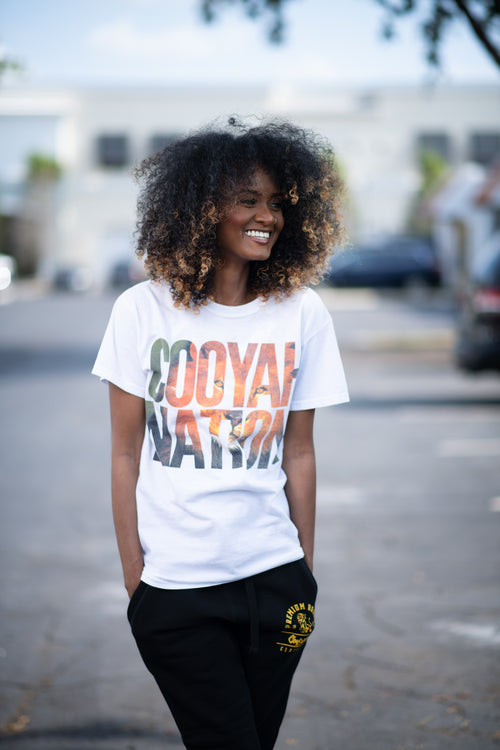 Cooyah Nation premium Jamaican streetwear short sleeve graphic tee with lion print. Ringspun cotton clothing.