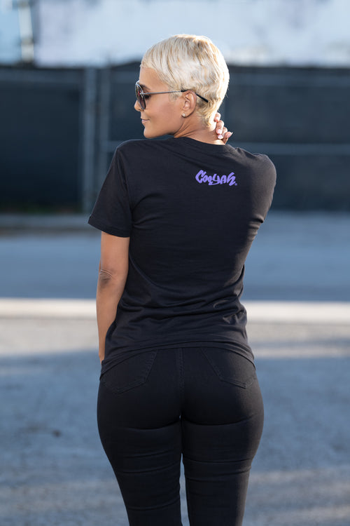COOYAH CLOTHING WOMEN'S BLACK WITH PURPLE HAMSA GRAPHIC TEE WITH FRONT AND BACK SCREEN PRINT.