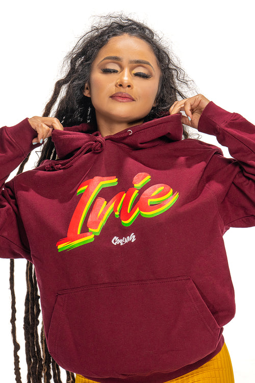 Cooyah Clothing IRIE Rasta Pullover Hoodie in burgundy. Reggae Casual Jamaican Street Wear Sweatshirt