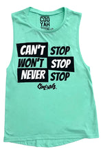 Load image into Gallery viewer, Cooyah Clothing.  Women&#39;s mint green tank top.  Can&#39;t Stop, Won&#39;t Stop, Never Stop.  
