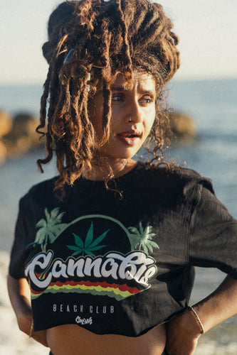 Cooyah Clothing.  Cannabis Beach Club women's crop top.  Jamaican beachwear clothing.  Ringspun, kush, graphic tee