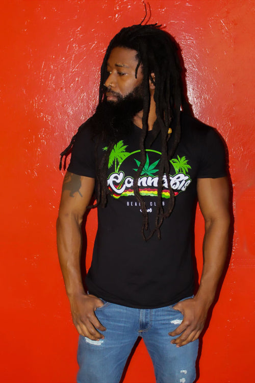 Cooyah Jamaica Cannabis Beach Club short sleeve men's graphic tee. Ringspun cotton Jamaican streetwear clothing.